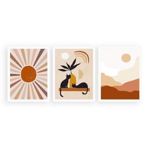 Miniatura Kit 3 Quadros Boho Gatos Sol E Lua 24X18Cm