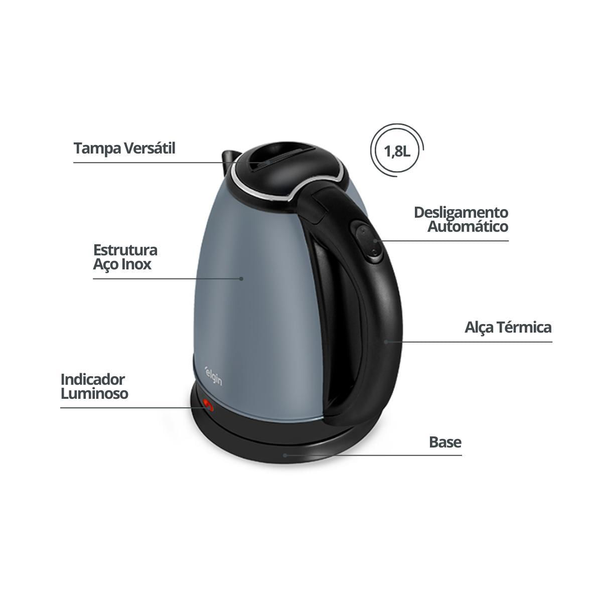 Chaleira Elétrica Inox Lunar Jarra Sem Fio 1,8L Elgin 127V