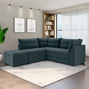 Miniatura Sofá Modular de Canto 4 Lugares Luizzi Quebec com Pufe e Revestimento em Suede – 408cm de Largura Azul Petróleo