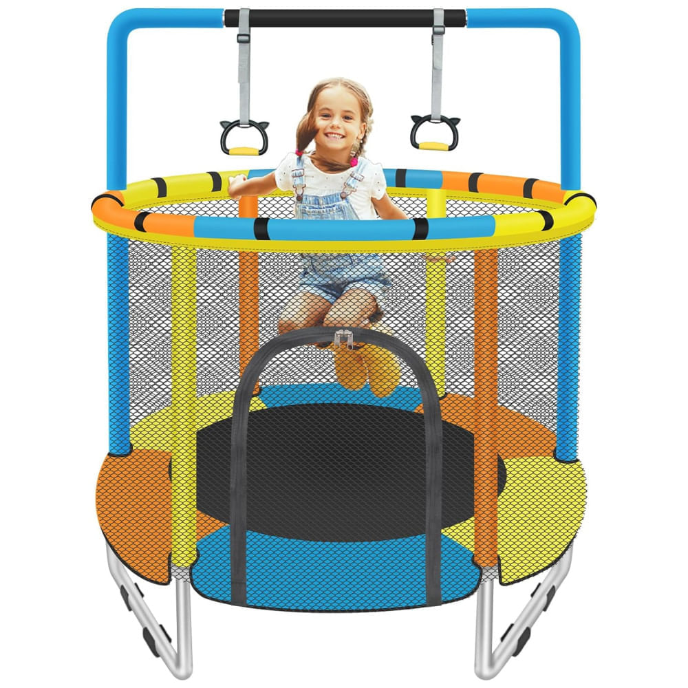 Miniatura Cama Elástica Infantil com Rede de Segurança e Barras de Ginástica para Crianças de 1 a 8 Anos, SZBOB, Azul