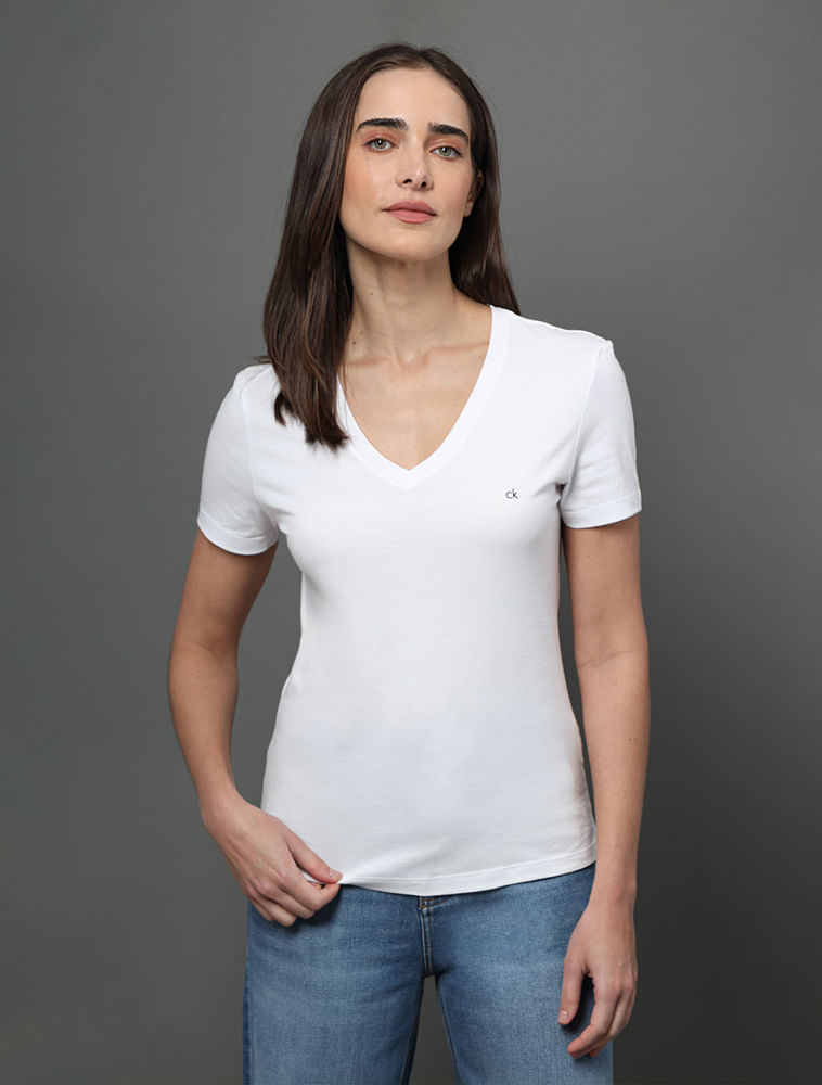 Miniatura Camiseta Feminina Lisa Decote v Recorte Lateral Calvin Klein - Branco Camiseta Feminina Lisa Decote v Recorte Lateral Calvin Klein Branco g