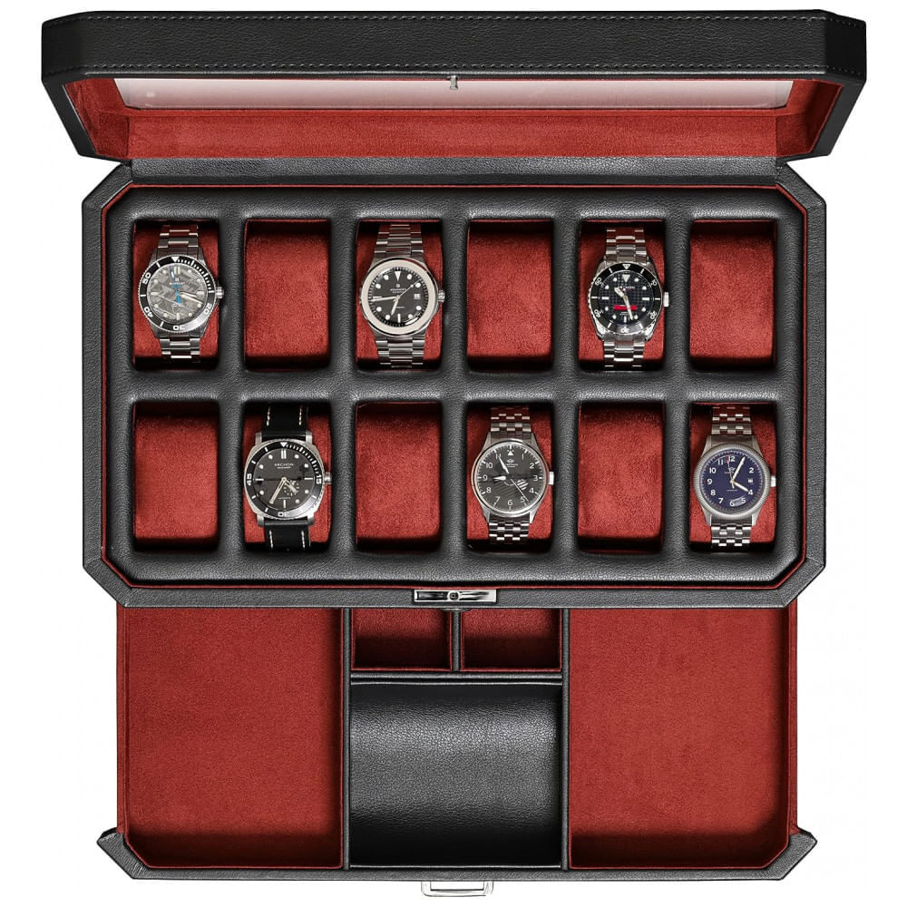 Miniatura Caixa, Estojo de Couro com Gaveta de Manobrista para Relógios com 12 Compartimentos, ROTHWELL, Preto e Vermelho