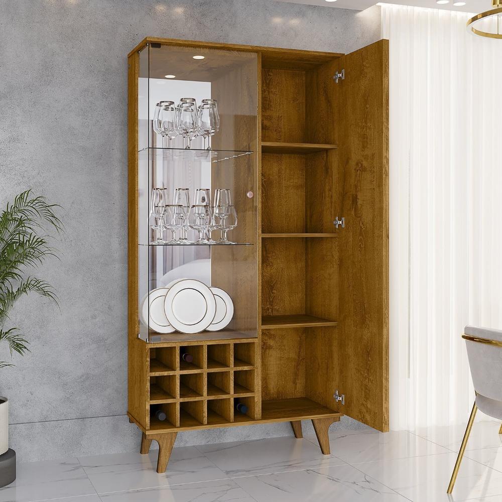 Cristaleira Elba Ripado Real Portas de Vidro Pés de Madeira Maciça 12 Nichos Garrafeiros Naturalle