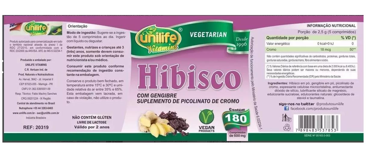 Miniatura Hibisco Com Gengibre 180 Comprimidos 500Mg Unilife