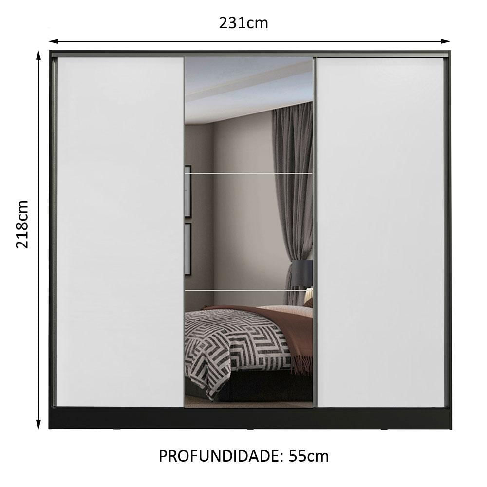 Miniatura Guarda Roupa Casal 100% MDF Madesa Zurique 3 Portas de Correr com Espelho - Preto/Branco Preto/Branco