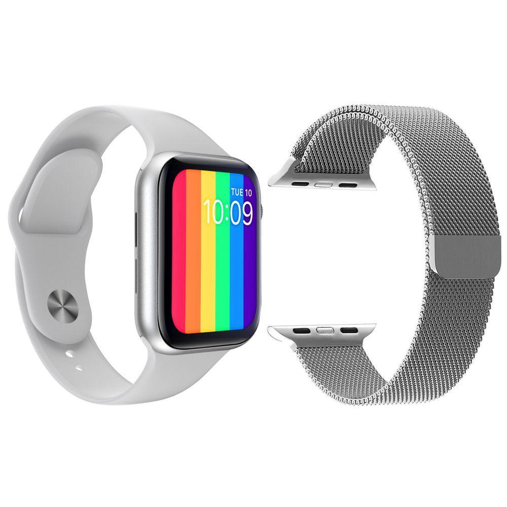 Miniatura Kit 1 Smartwatch Iwo12 Branco + 1 Pulseira Extra Prata