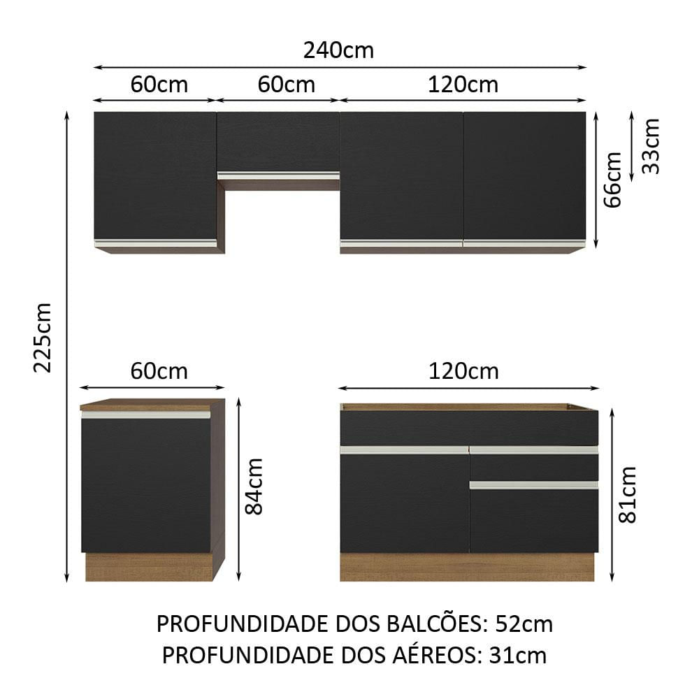 Miniatura Armário de Cozinha Completa 240cm Rustic/Preto Glamy Madesa 08 Rustic/Preto