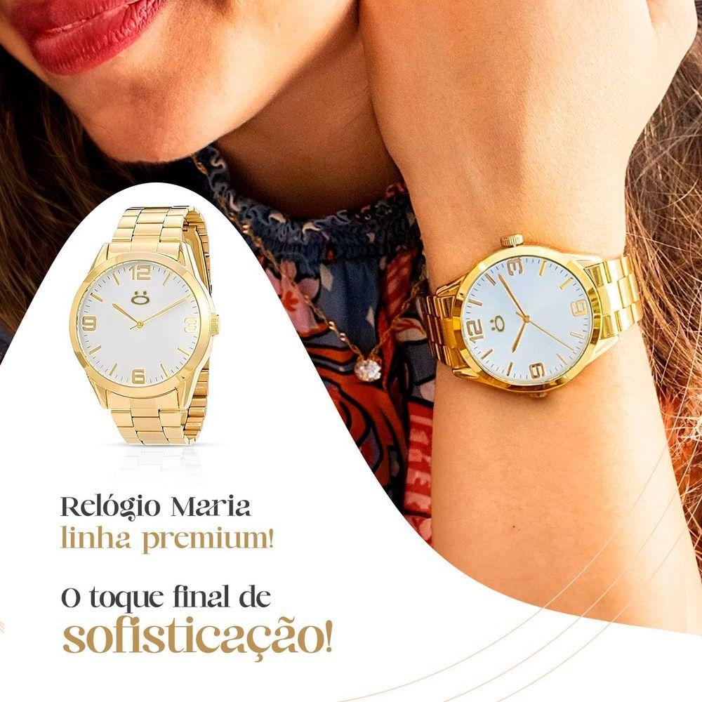 Relogio Feminino Dourado Aço Inox + Caixa + Brincos + Colar Social Moda Casual Presente Strass