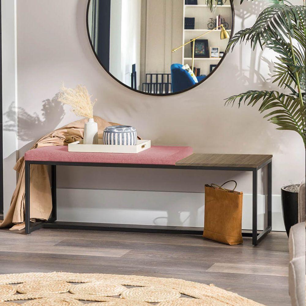 Miniatura Banco Recamier Puff London 140cm Industrial Preto Suede Rose Tampo Quadrado Mdf Imbuia