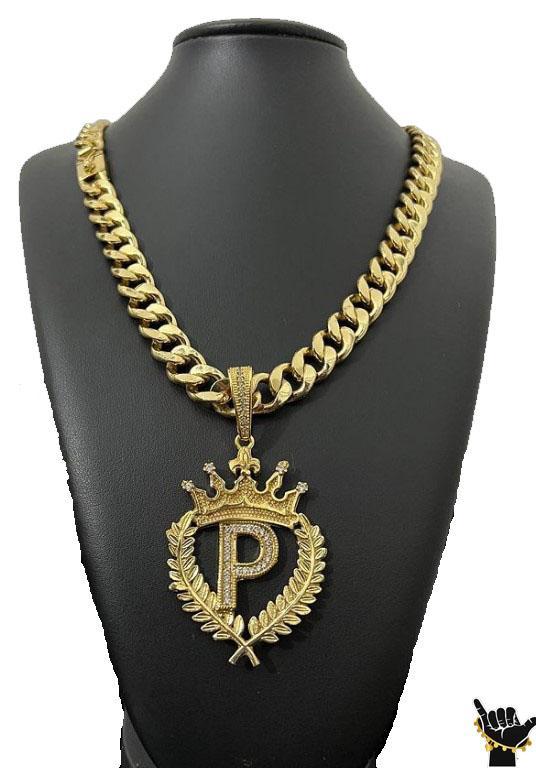 Miniatura Corrente Pitbull 13Mm + Pingente Letra King - Banhado A Ouro