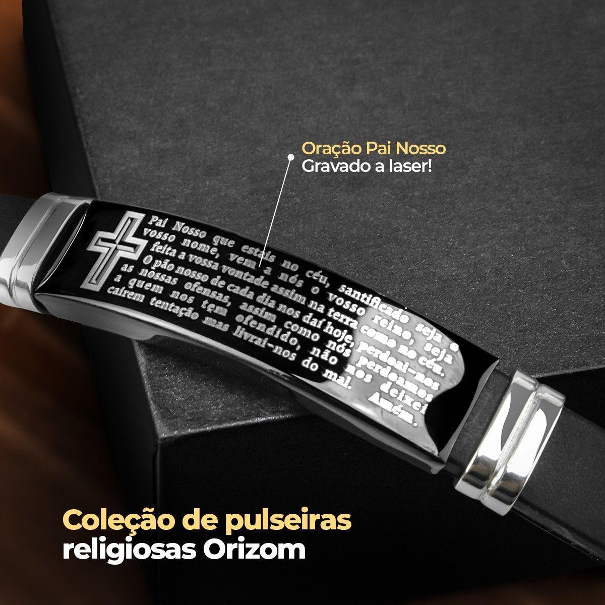 Relógio Aço Inox Preto Masculino + Pulseira Pai Nosso +