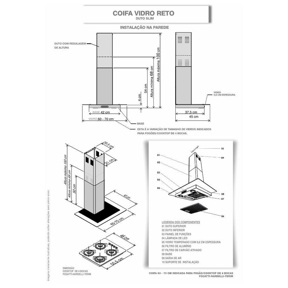 Miniatura Coifa De Parede 60cm Vidro Reto Duto Slim Fogatti Inox 110v