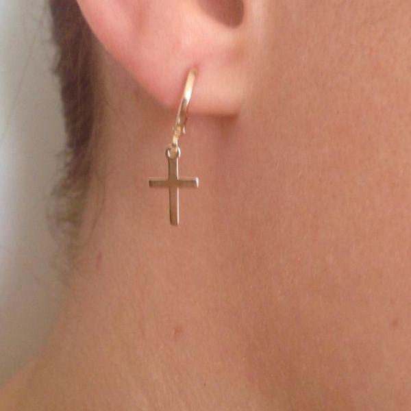 Miniatura Brinco Masculino Argola Cruz Folheado A Ouro