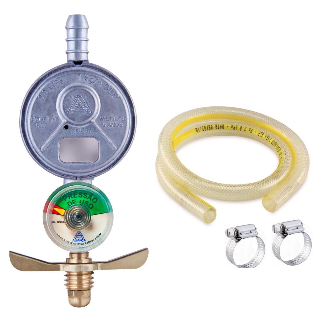 Miniatura Kit Registro Válvula Gás Manômetro Aliança + Mangueira Gás