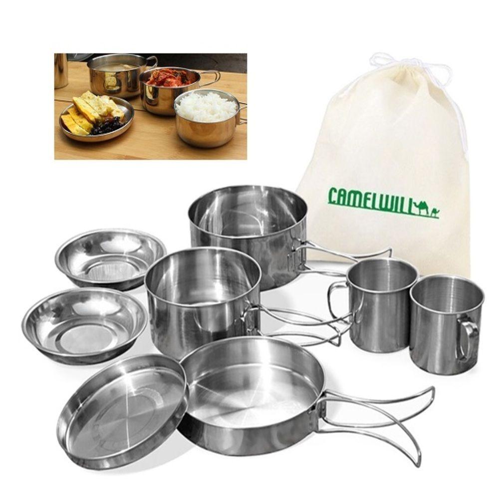 Miniatura Kit Panelas Em Inox Camping Cozinha Acampamento Outdoor Completo 8 Peças Panela Viagem Praia Pesca