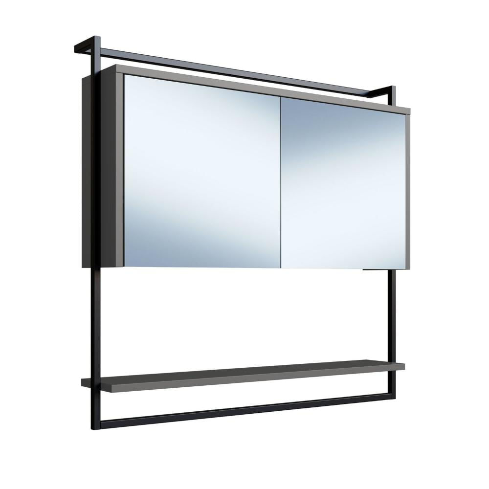 Miniatura Armário Espelheira para Banheiro 80cm com 1 Prateleira Externa e Toalheiro Estilo Industrial P1043 Preto/Grafite