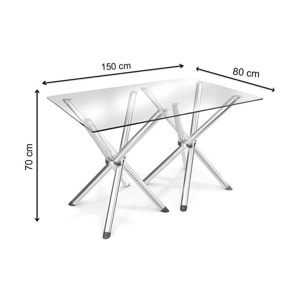 Miniatura Conjunto: Mesa Sala Jantar Volga C/ Tampo Vidro 140cm + 6 Cadeiras Nápoles Cromado/courano Branco