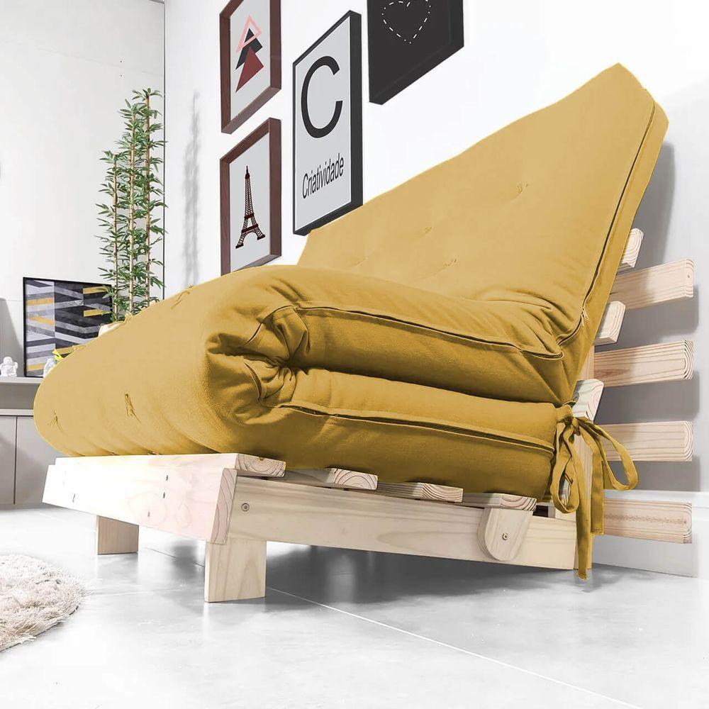 Futon Casal Tokio Sofa Cama Amarelo Acquablock Com Madeira Maciça