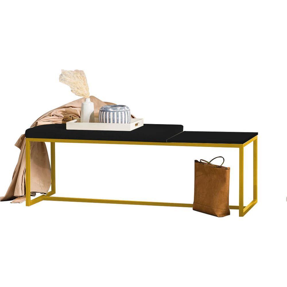 Miniatura Banco Recamier Puff 160cm Industrial Dourado Corino Preto Tampo Quadrado Mdf Preto