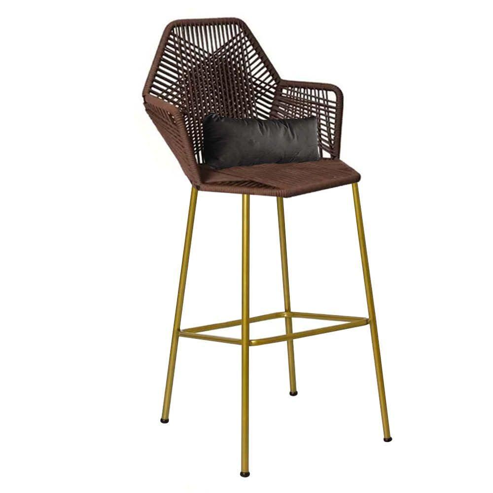 Miniatura Banqueta Alta Com Encosto Sttar Ferro Dourado Fibra Marrom Almofada Suede Cinza