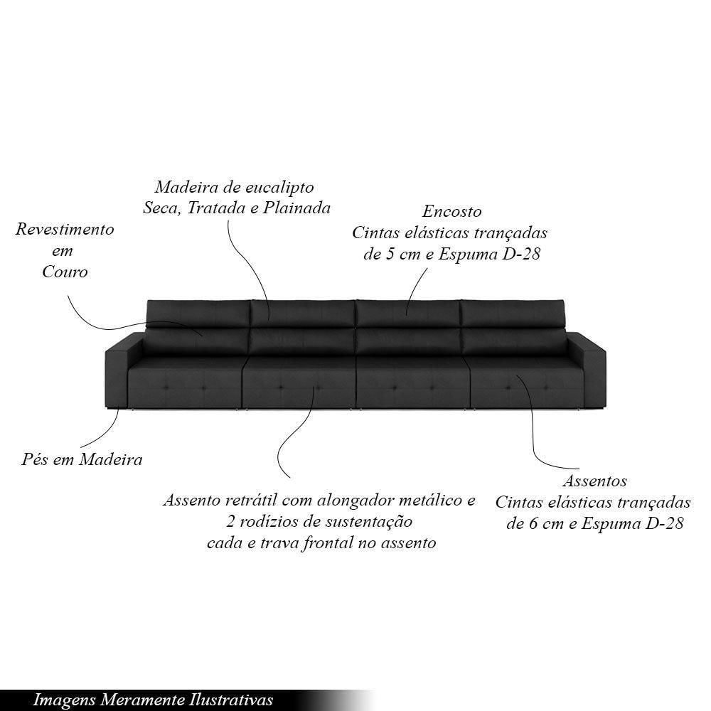 Sofá Retrátil 6 Lugares 444cm 4 Módulos Nero Couro Preto G52 - Gran Belo