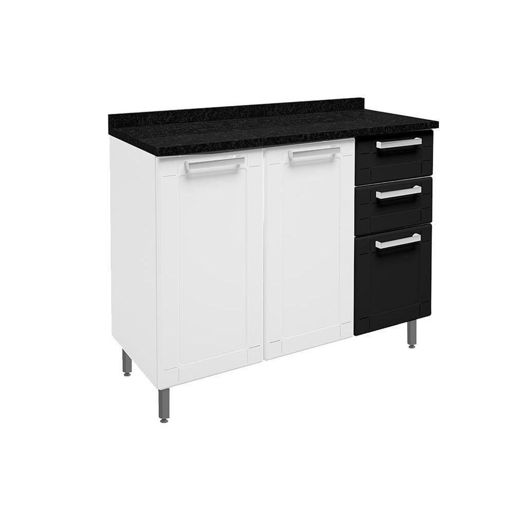 Miniatura Gabinete Para Pia Cozinha Balcão Com Tampo Múltipla 6114 Com 3 Portas E 2 Gavetas 105cm Branco Preto Bertolini