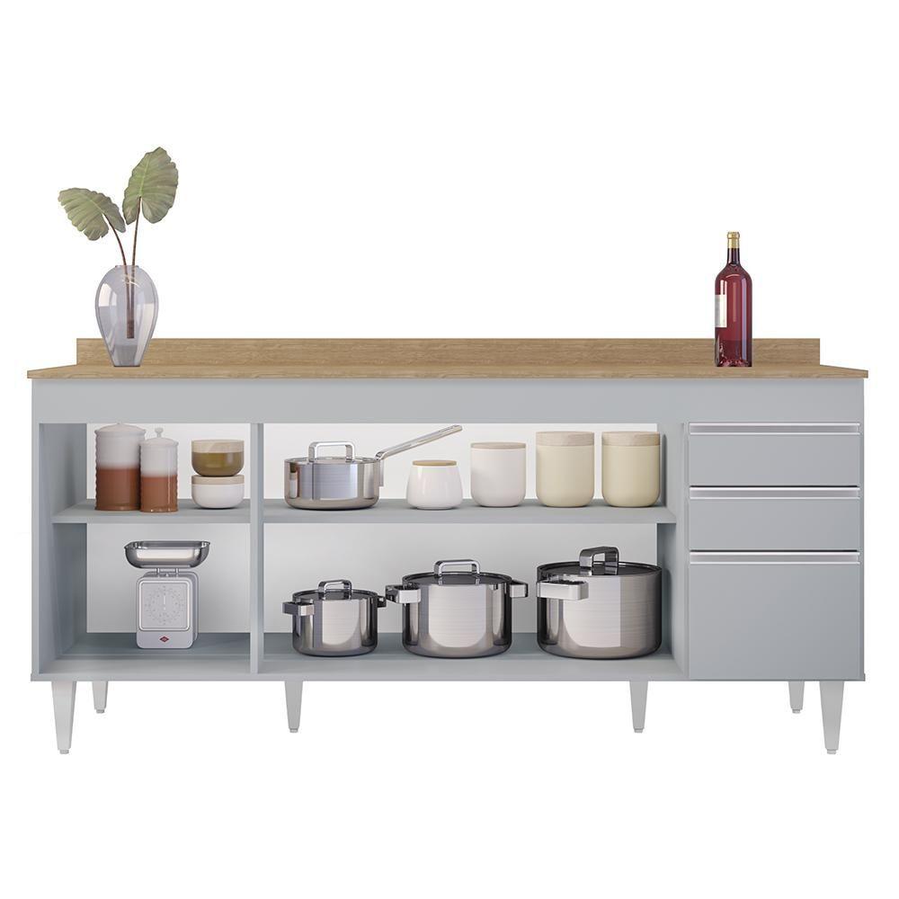 Balcão De Cozinha Para Pia 180cm Com Tampo 4 Portas Dallas Cinza Claro-castanho - Lumil