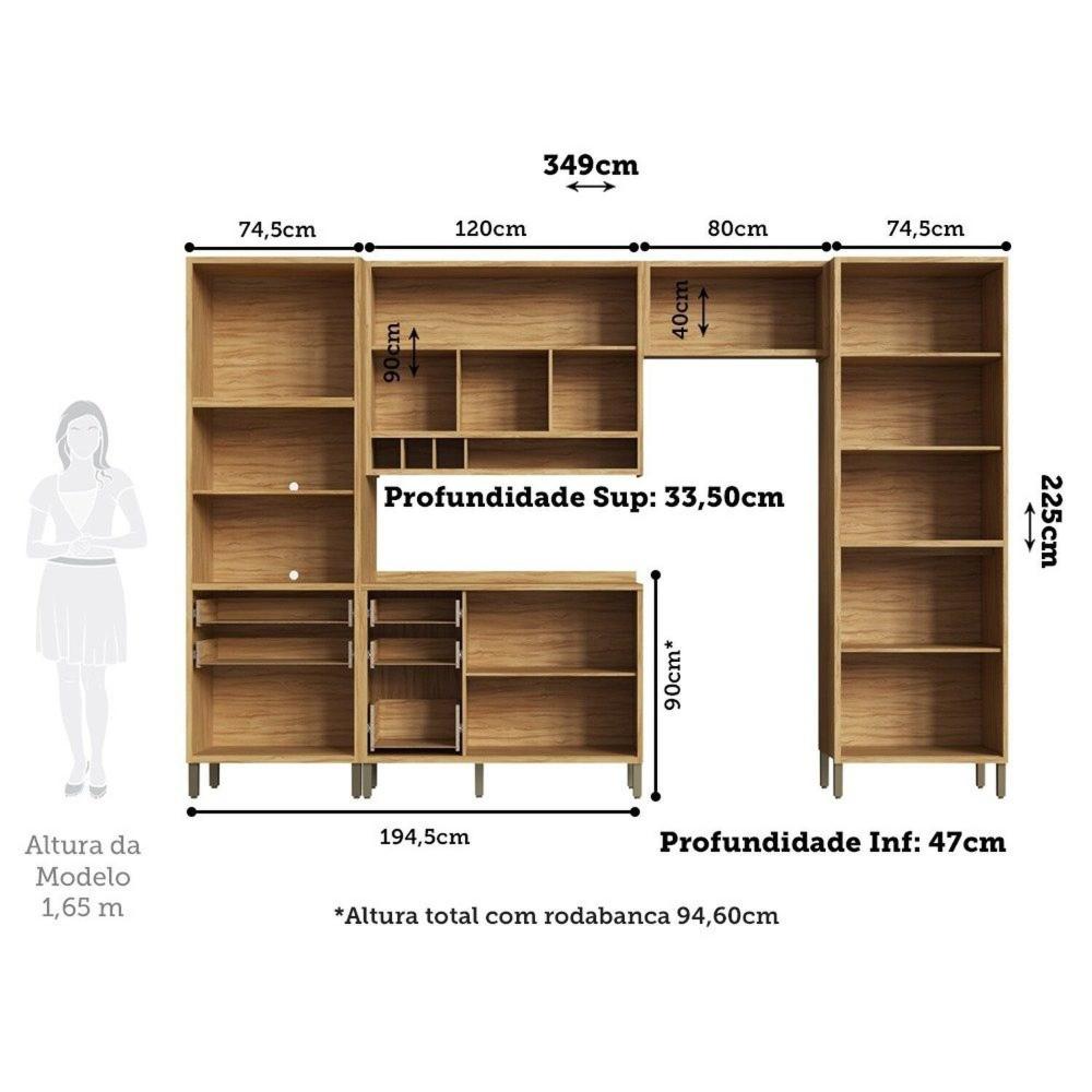 Miniatura Cozinha Modulada Completa 5 Peças 11 Portas e Vidro Reflecta 349cm 100% Mdf Vicenza Espresso Móveis Amêndoa/Branco