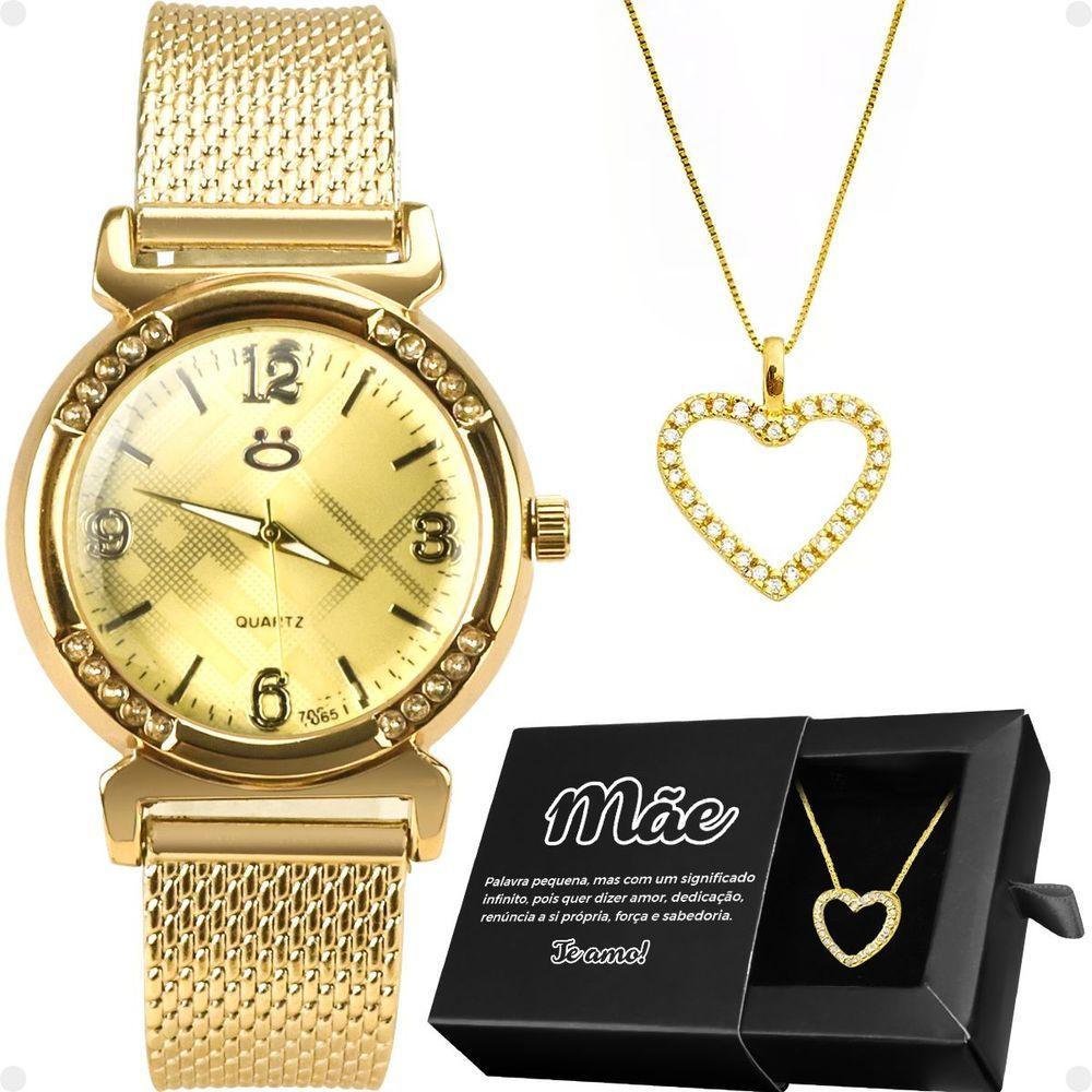Miniatura Relogio Feminino Dourado Aço + Colar Mãe Coração + Caixa Social Moda Casual Presente Silicone Strass