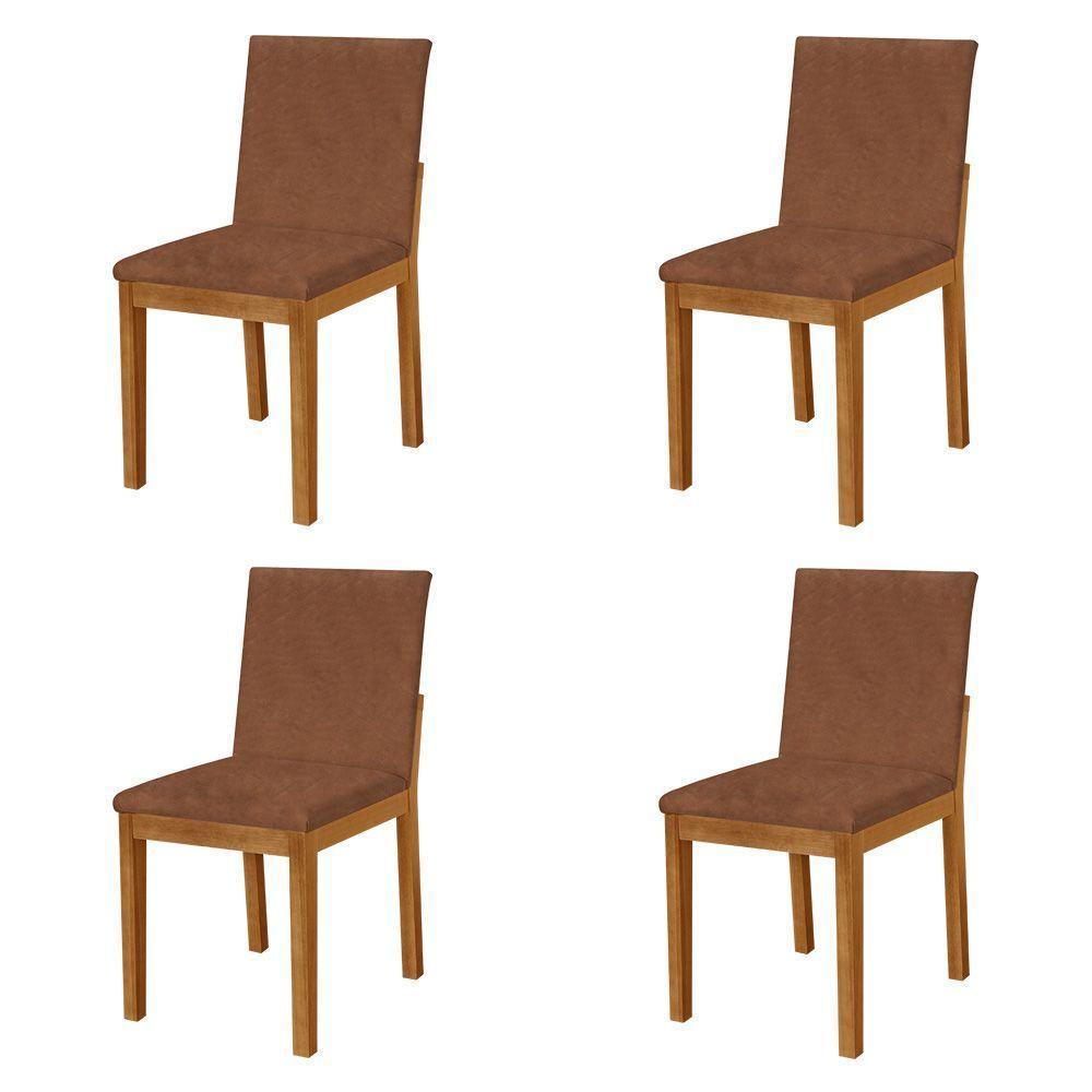 Miniatura Kit 4 Cadeiras De Jantar Estofadas Em Couro Pu Caramelo Base Madeira Maciça Mel Marrom