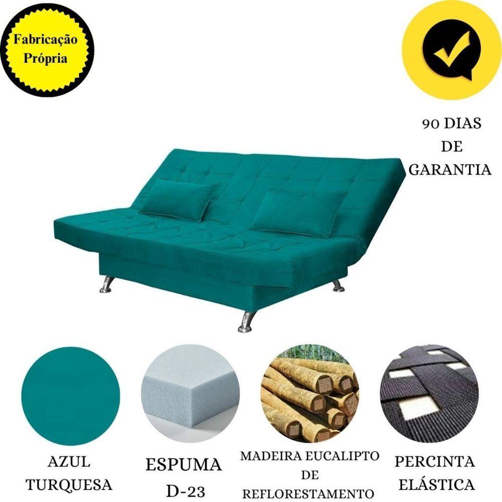 Miniatura Sofá Cama Casal Com Almofadas Califórnia Suede Azul Turquesa