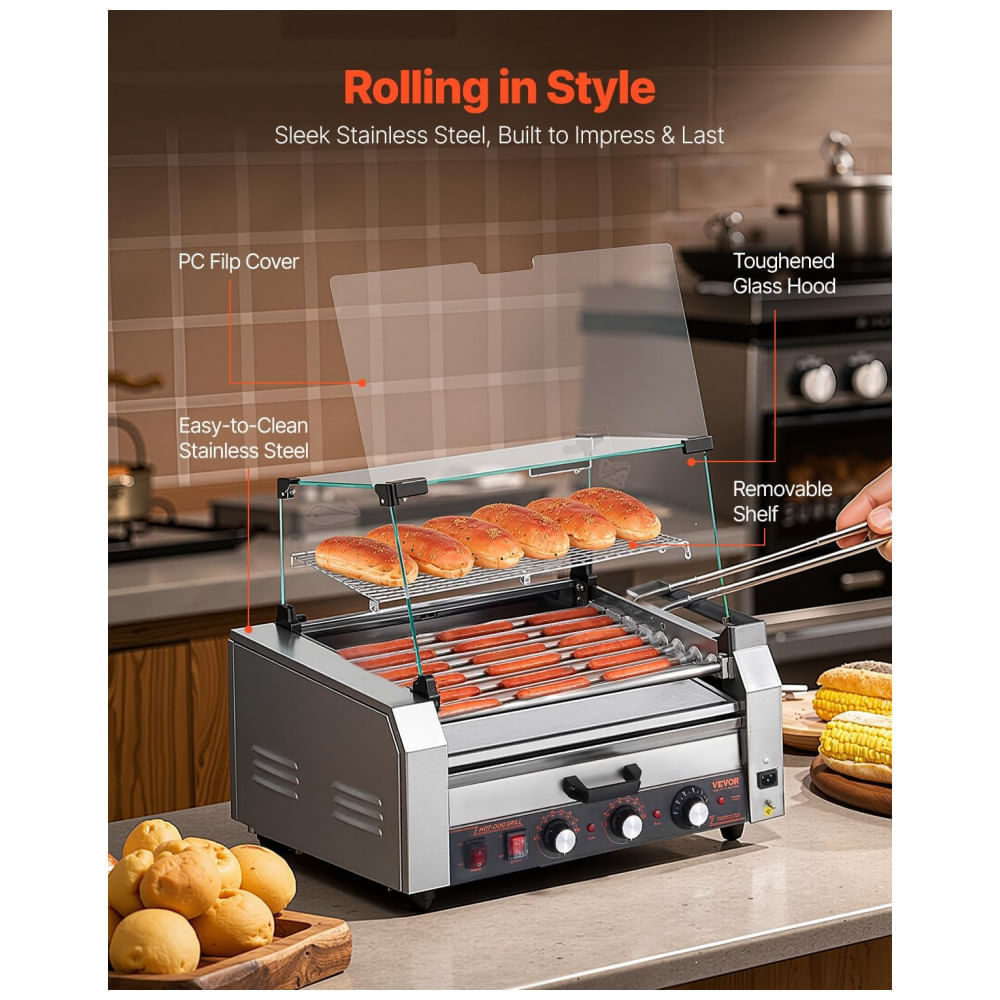 Miniatura Máquina de Cachorro-Quente VEVOR, 18 Hot Dogs em 7 Rolos, Grill de Salsichas em Aço Inoxidável, 1200W com Aquecedor de Pães, Tampa,
