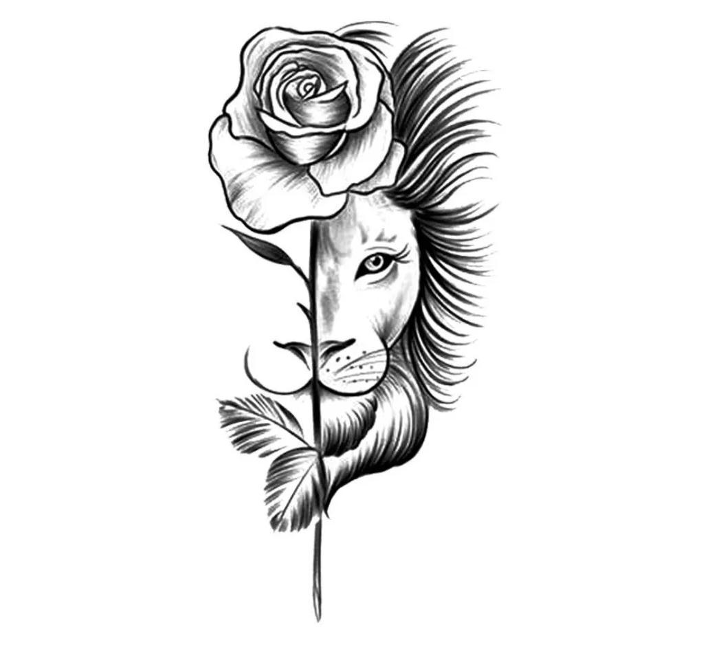 Miniatura Tatuagem Temporária Rosa E Leão Braço Modelo 18X10Cm