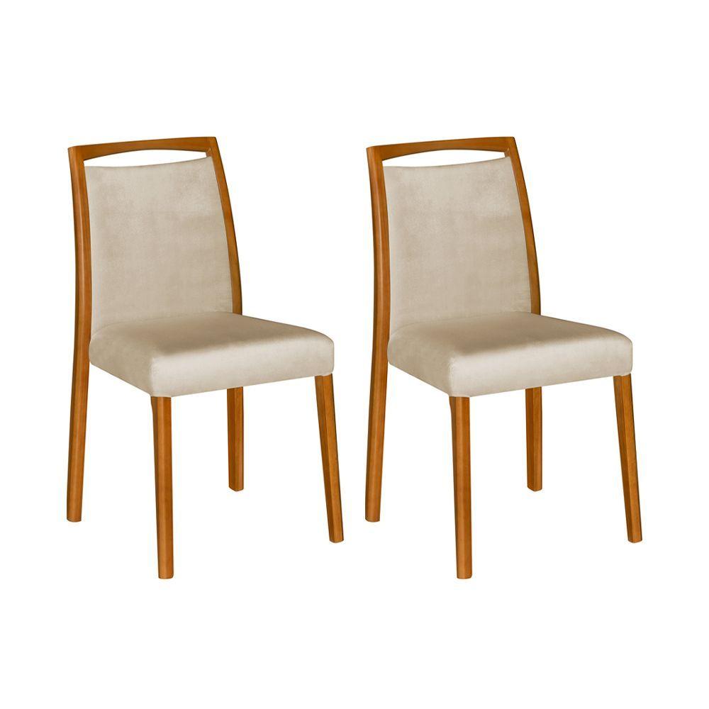 Miniatura Kit 2 Cadeiras De Jantar Estofadas Jade Linho Bege Base Madeira Maciça Mel - Cor: Bege