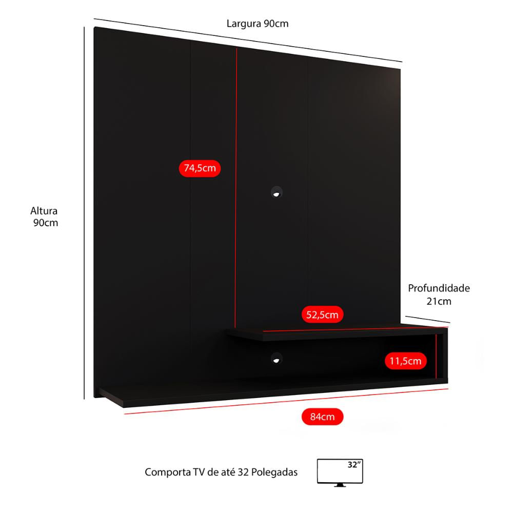 Miniatura Estante Painel Parede Smart New TV 32 Polegadas Prateleiras Decorativas Sala Quarto Pequeno Retrô – Preto - RPM