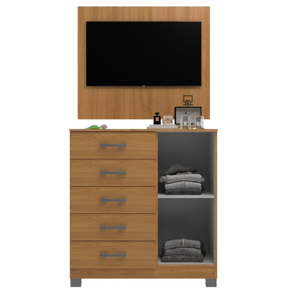 Miniatura Cômoda Sapateira 1 Porta 5 Gavetas com Pés + Painel Tv até 43 Polegadas Cinnamomo