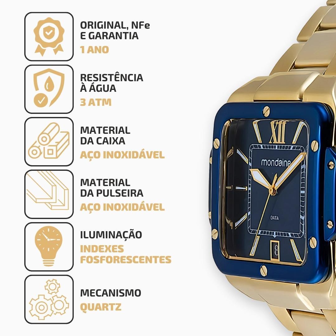 Miniatura Relógio Mondaine Masculino Dourado Fundo Azul 32546Gpmvle2