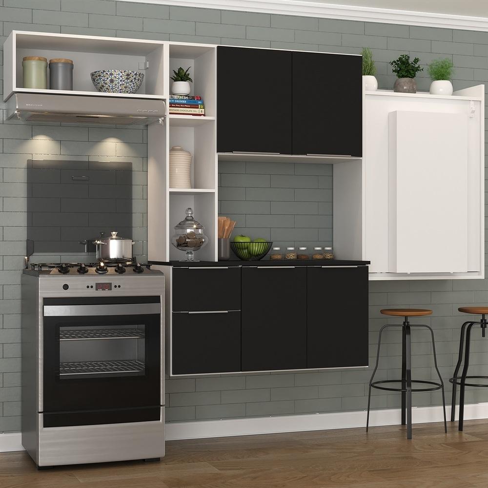 Miniatura Armário de Cozinha Compacta com Mesa Dobrável Sofia Multimóveis V2009 Branco/Preto