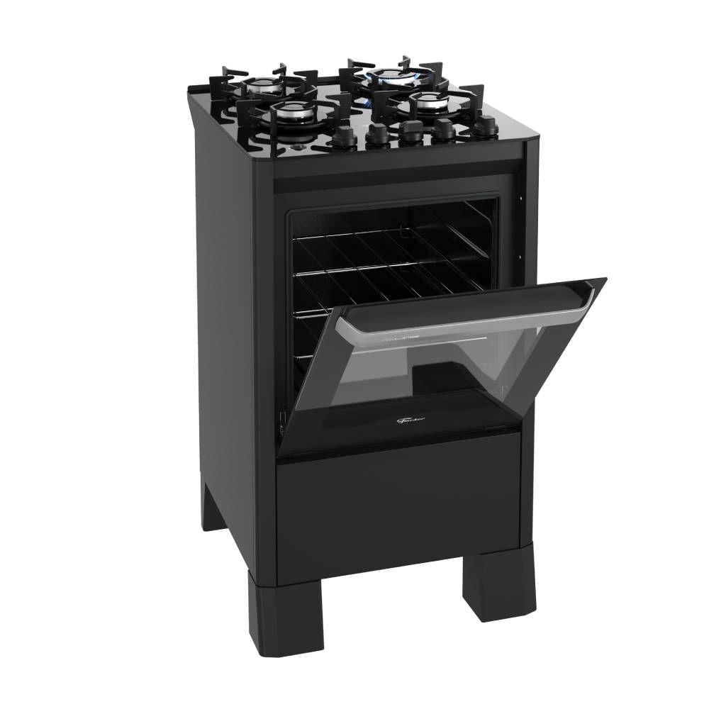 Miniatura Fogão Fischer Fit Line 4 Bocas Preto Mesa De Vidro E Trempe Iron Bivolt