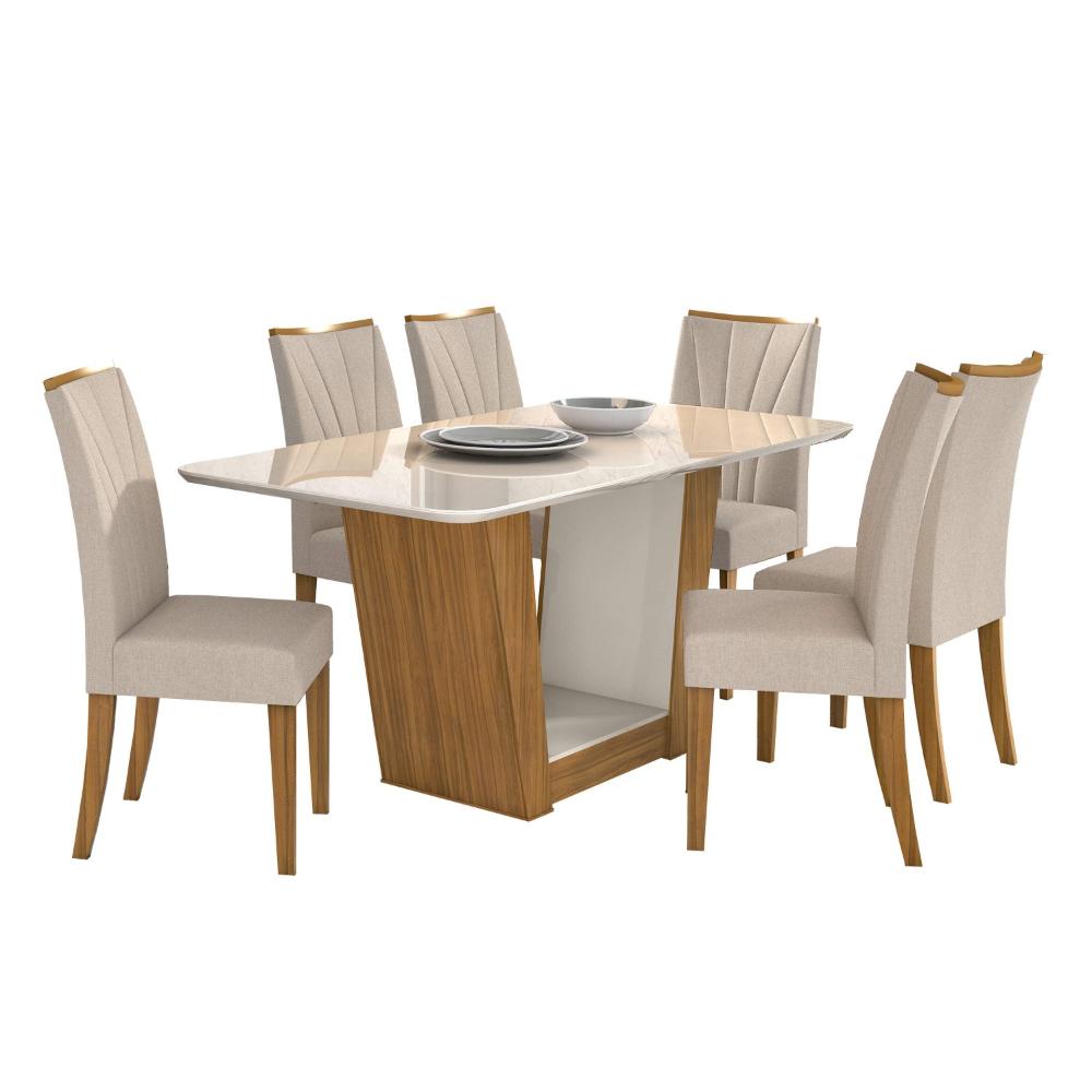 Miniatura Conjunto Sala de Jantar Mesa com Tampo de Vidro 170cm e 6 Cadeiras Apogeu Móveis Lopas Rovere Naturale/Off White/Linho Rinzai Bege