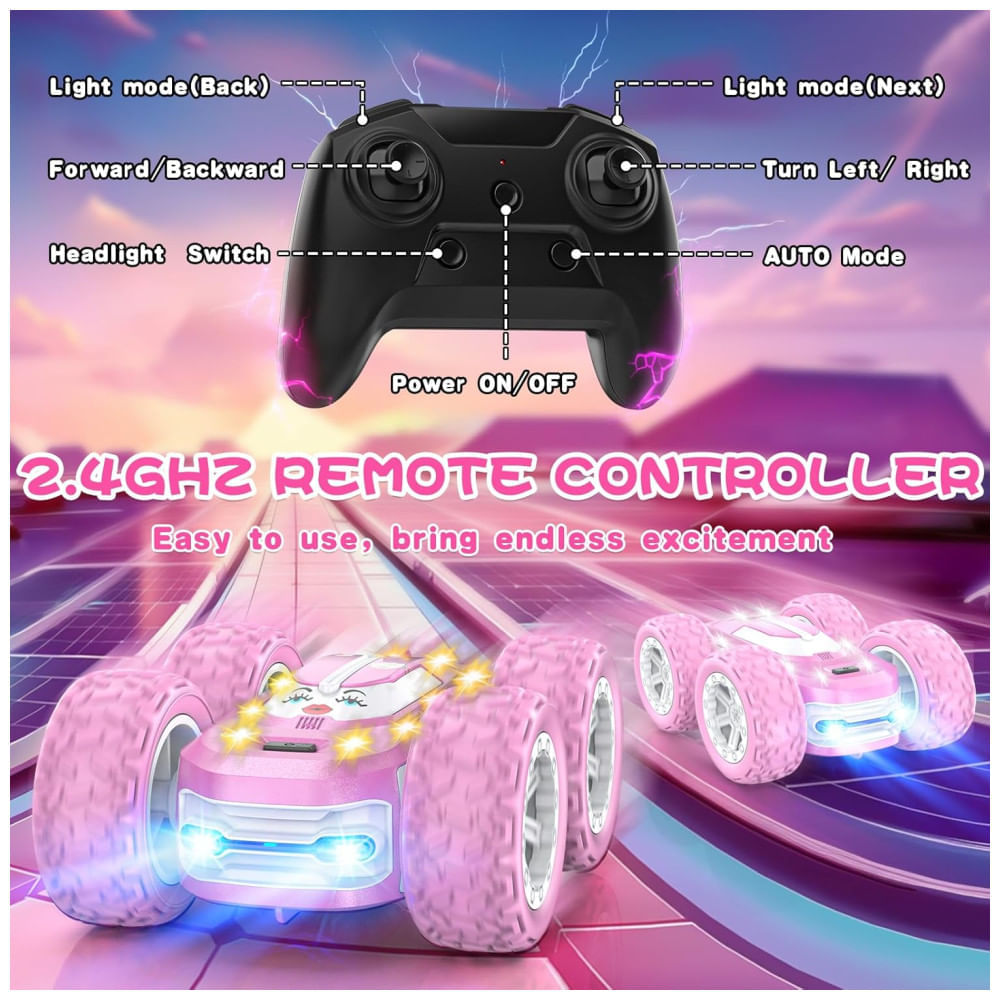 Miniatura Carrinho de Controle Remoto Rosa para Meninas, Carro RC com Adesivos Personalizáveis, Luzes Coloridas e Acrobacias 4WD - 360° de Giro,Kazswitle