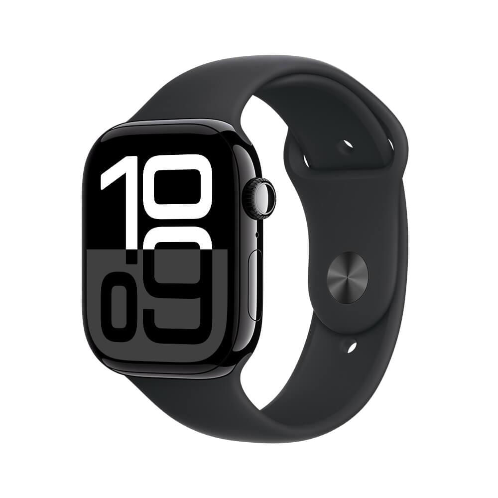 Miniatura Apple Watch Series 10 GPS • Caixa preta brilhante de alumínio – 46 mm • Pulseira esportiva preta – P/M