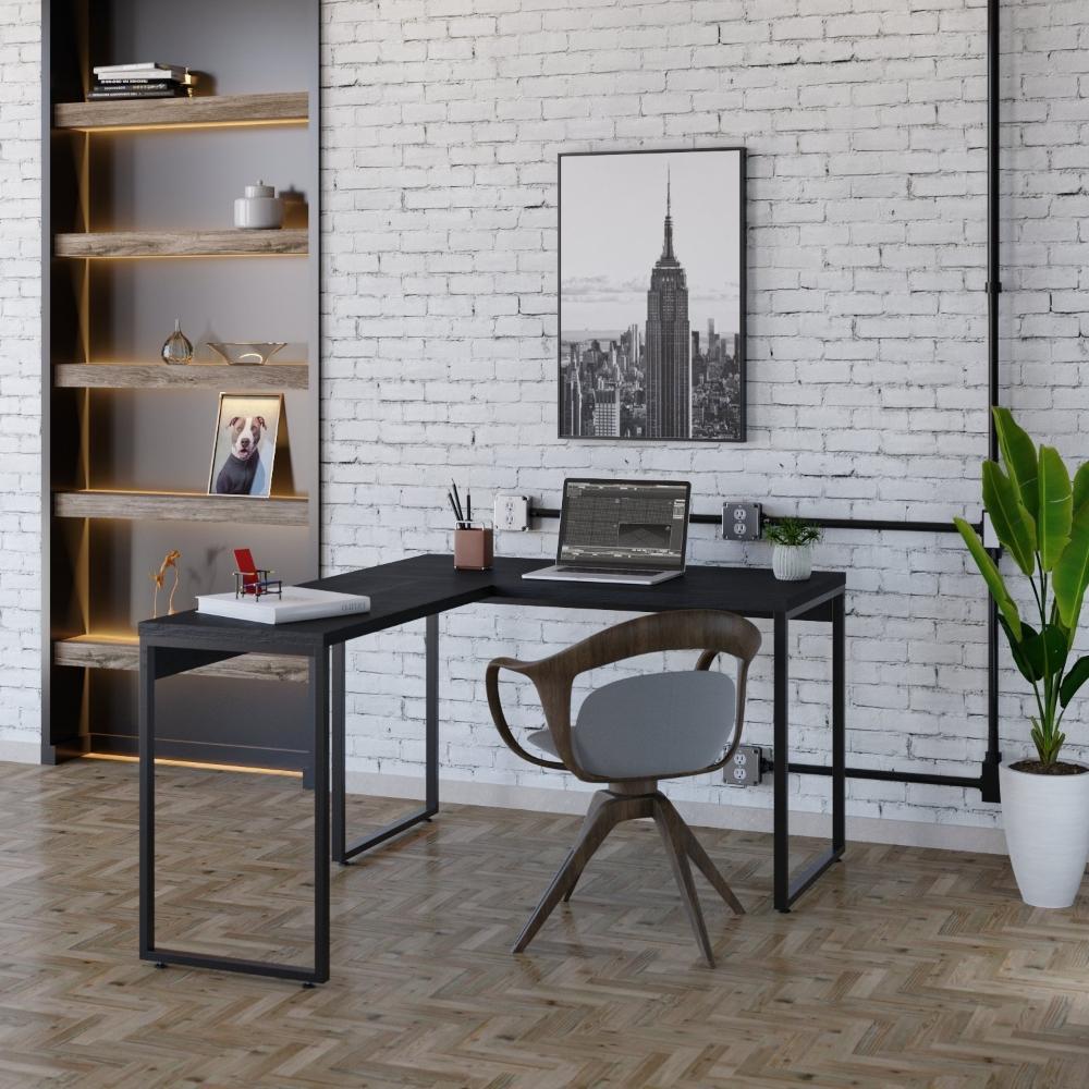 Miniatura Mesa de Escritório em L Estilo Industrial 120x150cm Kuadra Preto Ônix / Est.Preta