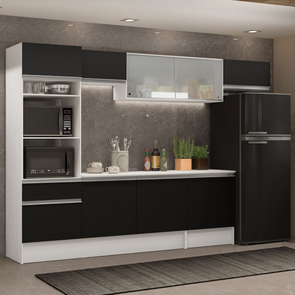 Miniatura Cozinha Completa Madesa Topazio 300001 com Armário, Balcão e Tampo Branco/Preto Cor:Branco/Preto