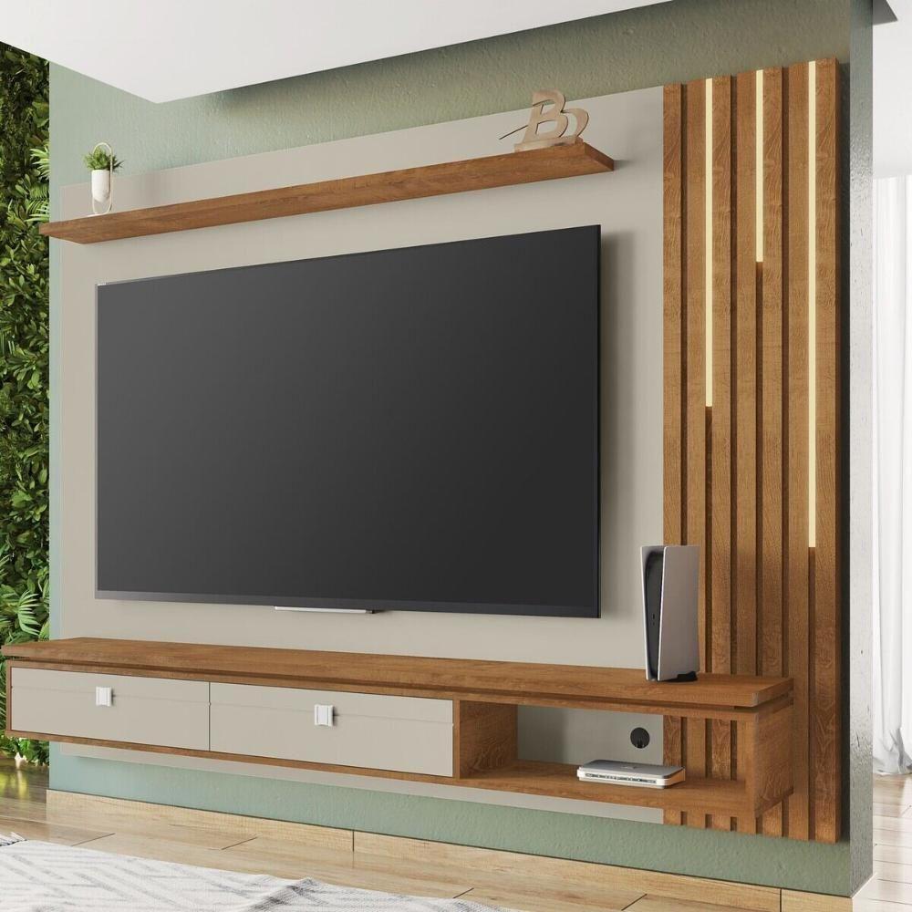 Miniatura Painel Para Tv Até 80 Polegadas Com Ripado Fita Led E 2 Gavetas Multimóveis Cr45285 Off White/naturalle