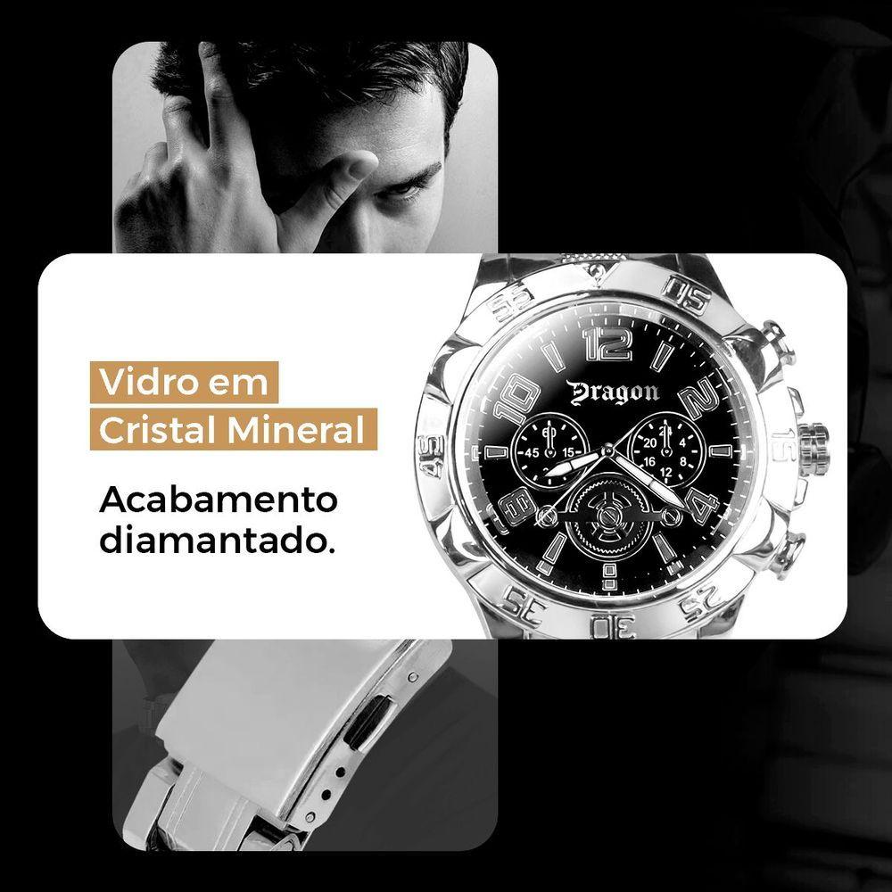 Kit Relógio Masculino Analógico Orizom Spaceman Dragon em Aço Inox Prata com Cordão Crucifixo
