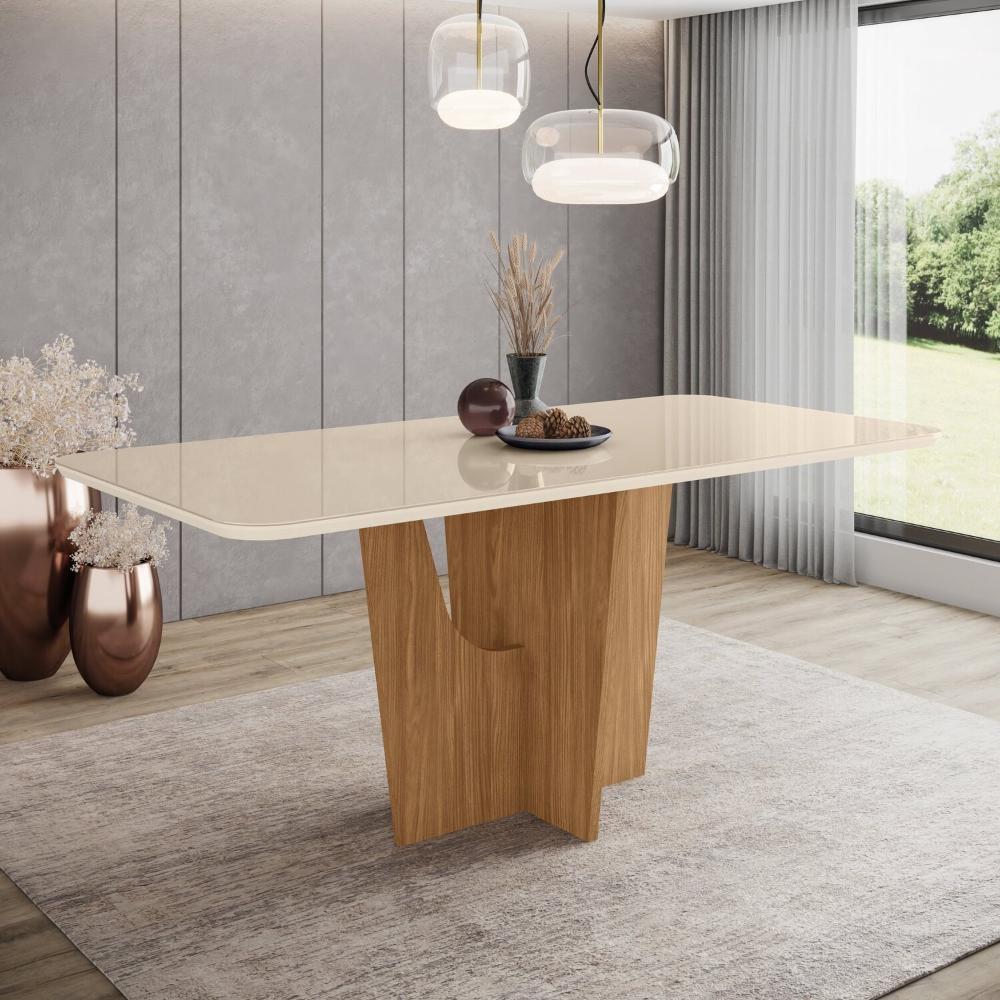Miniatura Mesa de Jantar com Tampo Mdf com Vidro Canto Arredondado 180 Cm Vértice Nature/Off White