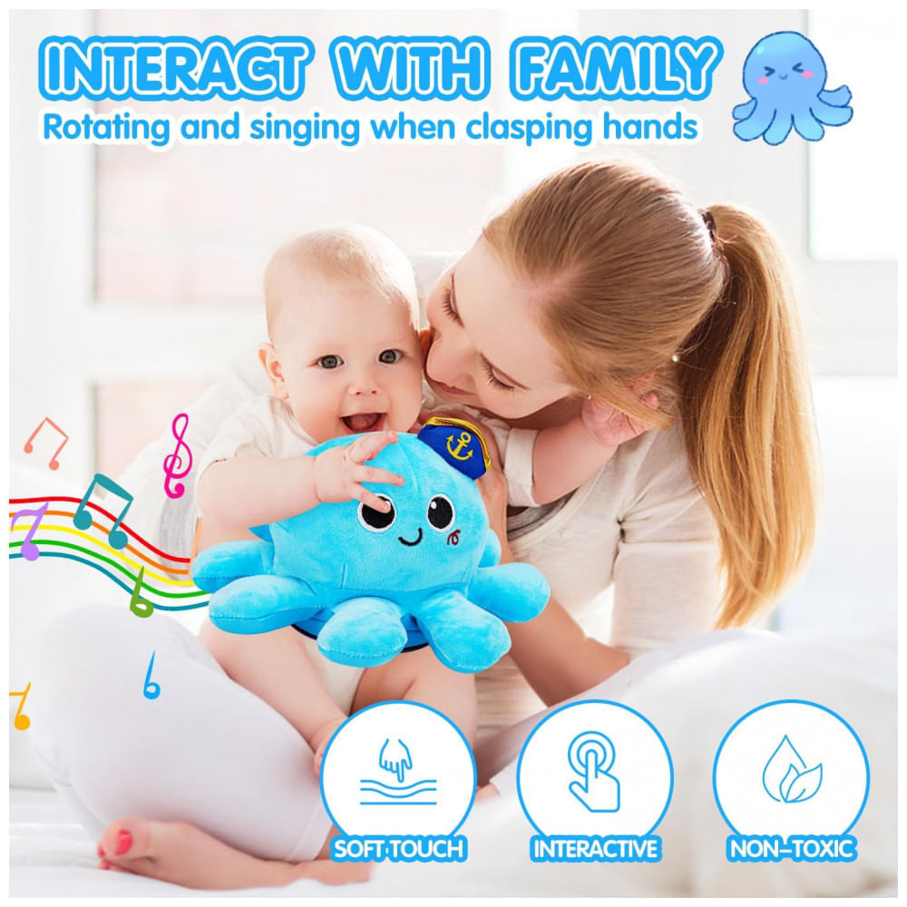 Miniatura Polvo musical de pelúcia azul Tsomtto T899 com luz, fala gravada e movimento para engatinhar e caminhar