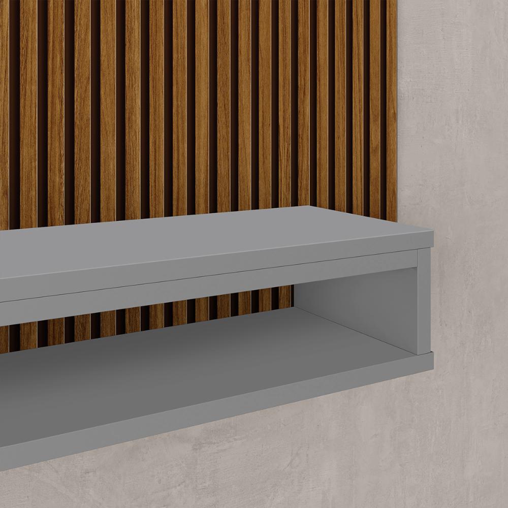 Miniatura Painel Suspenso TV 48 Polegadas Nicho Nairobi Ripado Freijó/Cinza e Kit 2 Puff Banqueta Redonda Multiuso Pés Retrô Thor Bege Sala Quarto