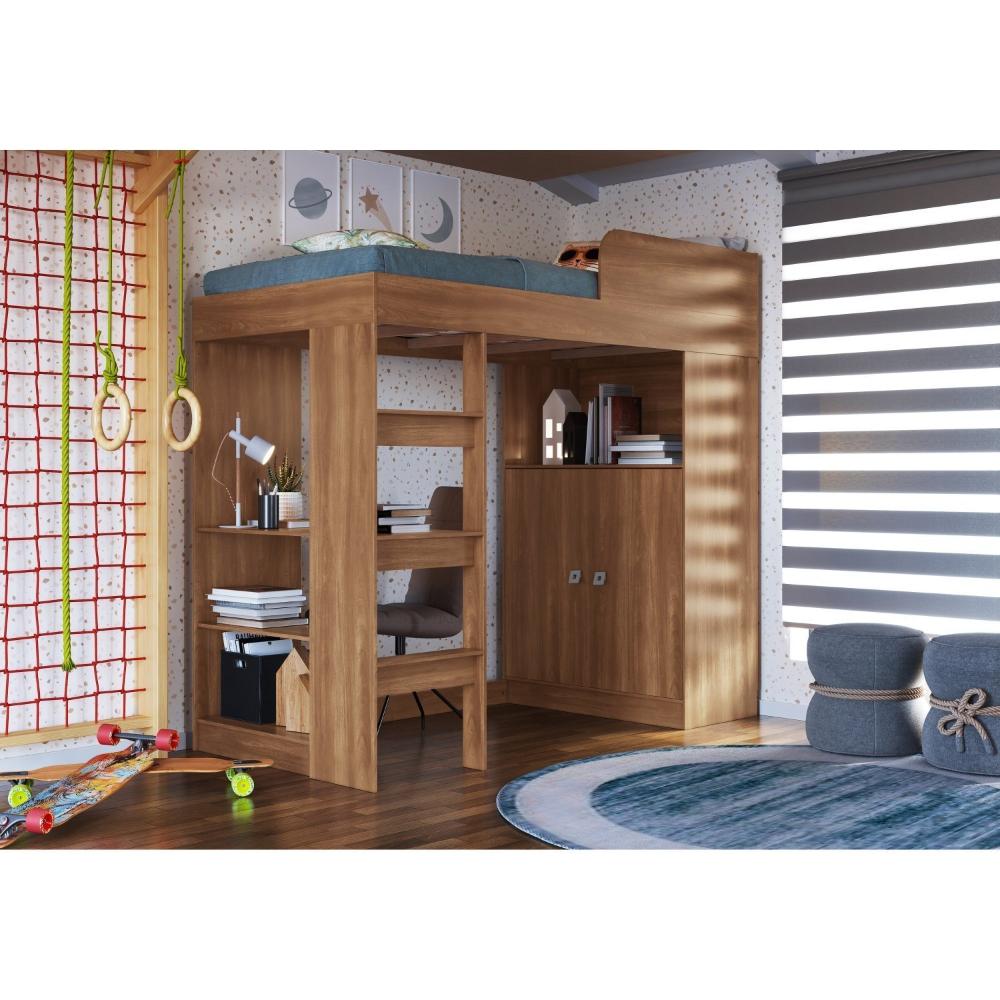 Miniatura Cama Alta Multifuncional Infantil/Juvenil com Armário e Escrivaninha San Francisco Nogal